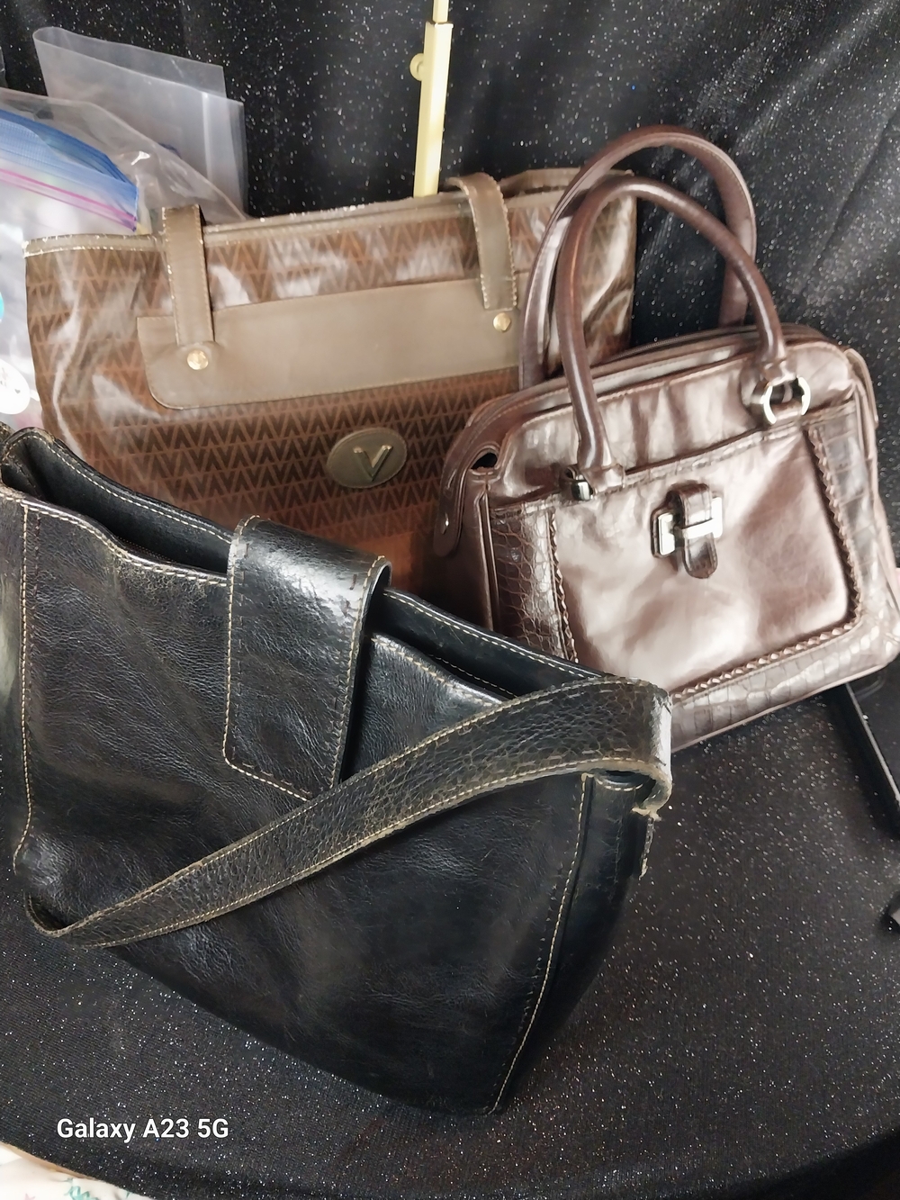 Lot Of 3 Vintage  Handbags Fossil Black Leather Canvas V & Unbranded